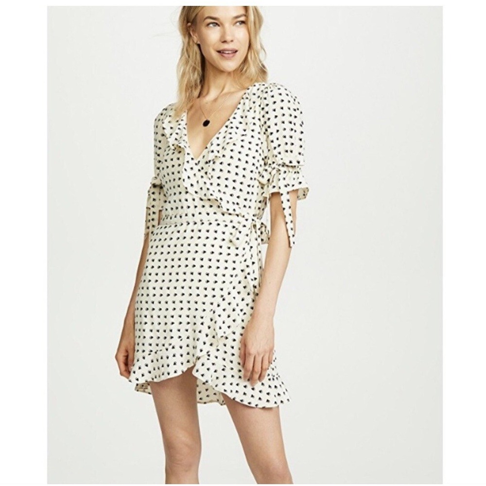 For Love‎ & Lemons Heart Print Wrap Mini Dress Cream Black Ruffle Small